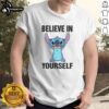 Alt Text: Nice Stitch Believe In Yourself cartoon t-shirt featuring colorful design and motivational message for confidence.