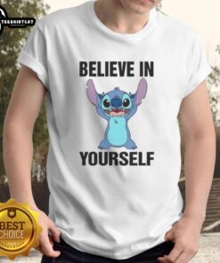 Alt Text: Nice Stitch Believe In Yourself cartoon t-shirt featuring colorful design and motivational message for confidence.