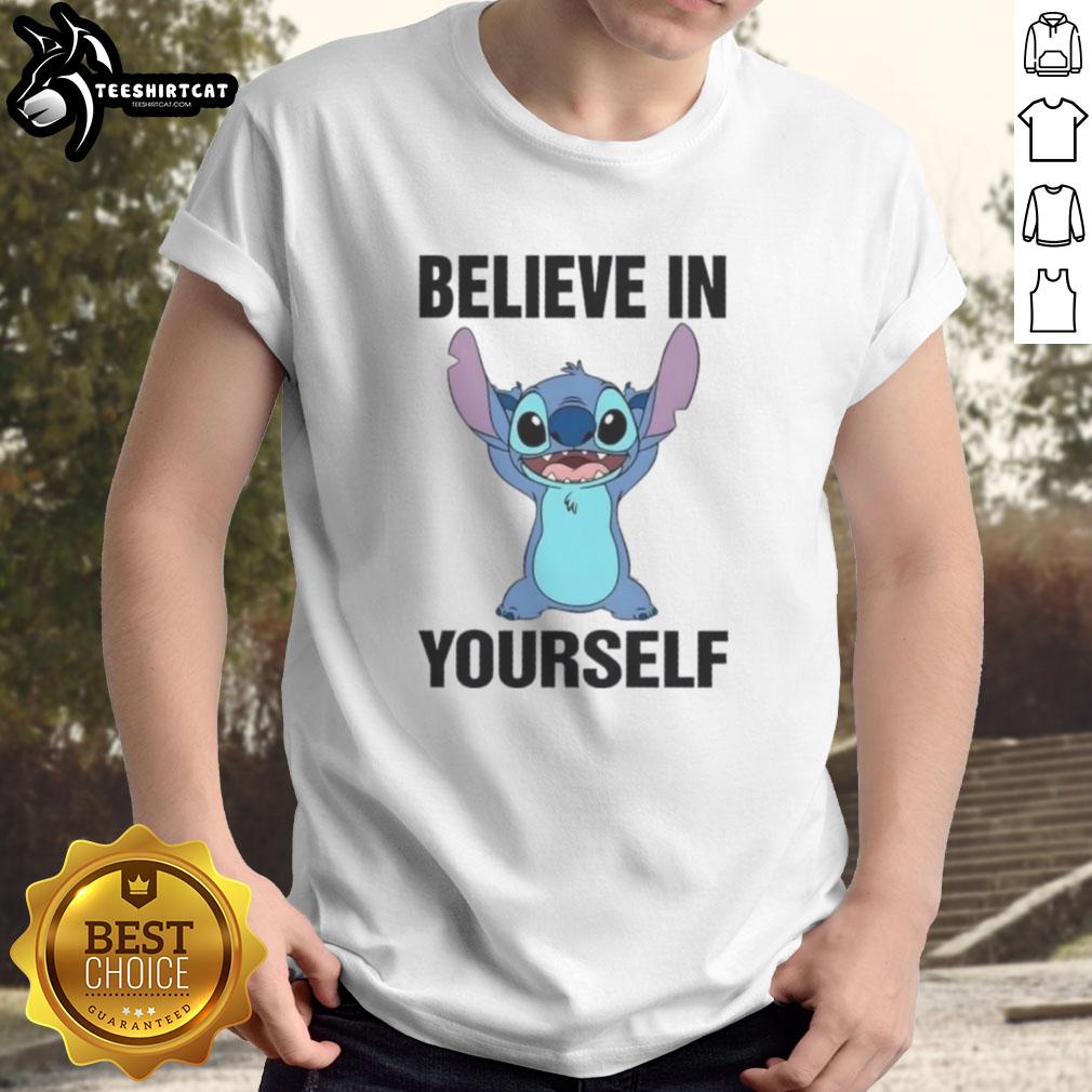 nice-stitch-believe-in-yourself-cartoon-t-shirt Alt Text: Nice Stitch Believe In Yourself cartoon t-shirt featuring colorful design and motivational message for confidence.