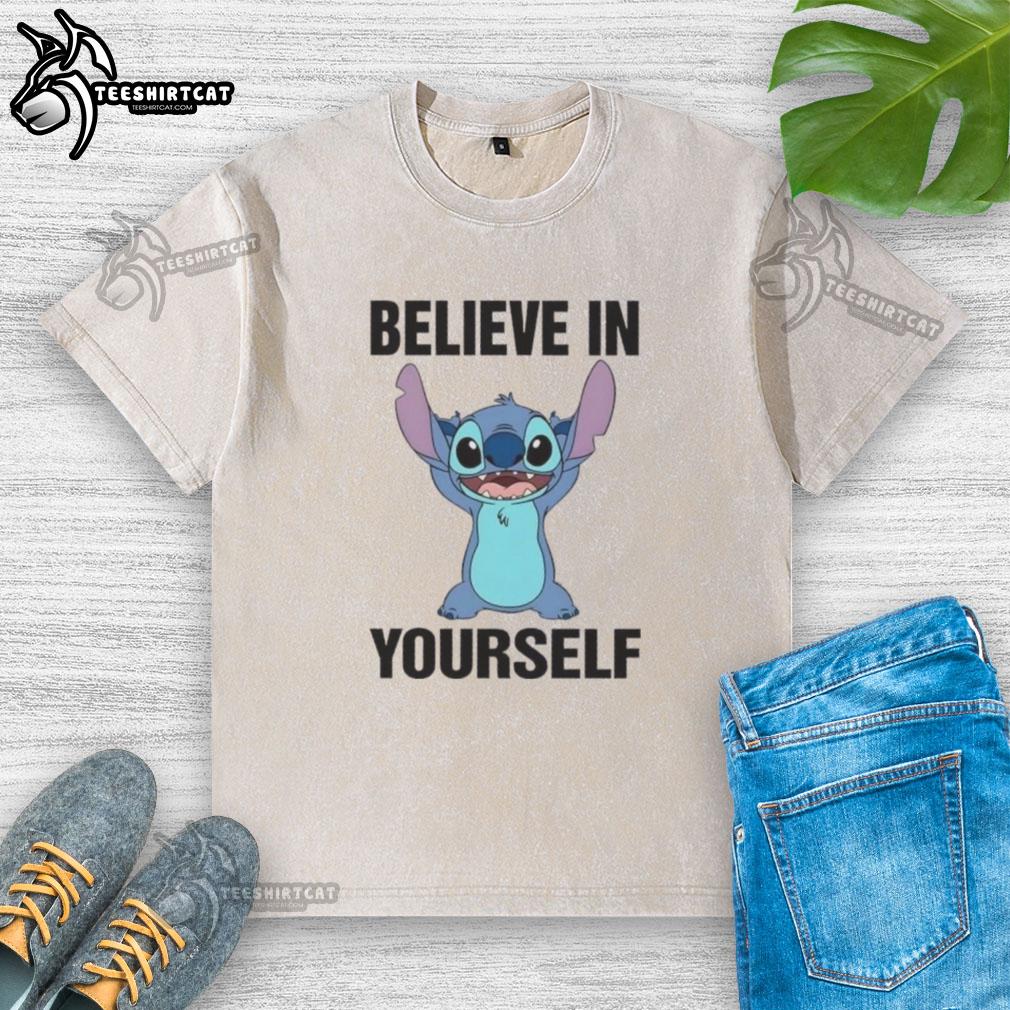 nice-stitch-believe-in-yourself-cartoon-washed-t-shirt Alt Text: Cartoon 'Believe in Yourself' design on a washed t-shirt, showcasing positivity and stylish comfort for everyday wear.