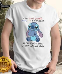 Cartoon T-shirt featuring Nice Stitch with the text 'I Am Sweet Lovable Kind Shy And Innocent' in playful design.