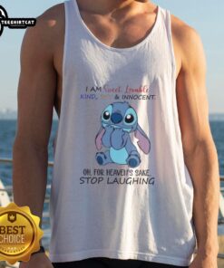 Cartoon tank top featuring 'Nice Stitch: I Am Sweet, Lovable, Kind, Shy, and Innocent' design, perfect for casual wear.