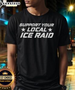 Support Your Local Ice Raid T-Shirt featuring a cool graphic design and vibrant colors for ice fishing enthusiasts.