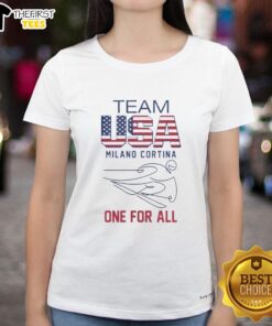Alt Text: Nice Team USA Milano Cortina 2026 Olympics logo and flag on a ladies tee showcasing unity and spirit.