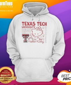 Alt Text: Red Raiders hoodie featuring Texas Tech University and Hello Kitty icons, perfect for fans and students.