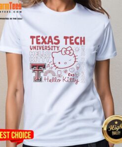Alt Text: Ladies' tee featuring Texas Tech University and Hello Kitty icons with red Raiders theme, perfect for fans.