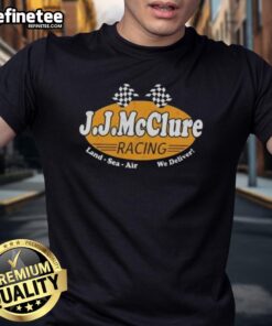 Alt Text: Nice The Cannonball Run J.J. McClure Racing Land Sea Air T-Shirt featuring bold graphics and vibrant colors.