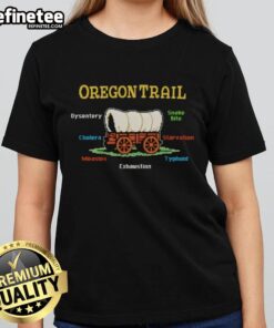 Illustration of Oregon Trail challenges like dysentery, snake bites, and starvation on a ladies tee shirt design.