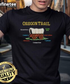 Funny Oregon Trail T-Shirt featuring dysentery, snake bite, cholera, and starvation graphics for retro gaming fans.