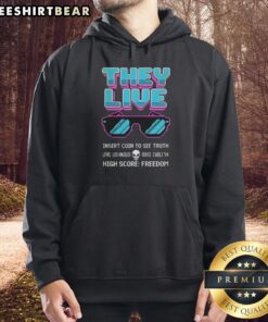8-bit 'Insert Coin to See Truth' hoodie featuring 'They Live' glasses, perfect for gamers and movie fans seeking freedom.