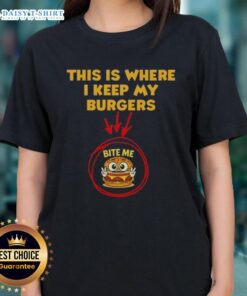Funny 'Bite Me Ladies' tee featuring a burger graphic, perfect for burger lovers and casual wear enthusiasts.