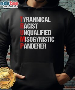 Bold hoodie design featuring the phrase 'Nice Trump: Tyrannical, Racist, Unqualified, Misogynistic Panderer' in striking graphics.
