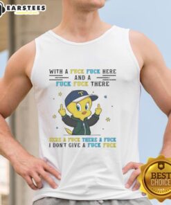Funny Tweety Bird graphic tank top featuring a middle finger and playful profanity design for humorous style.