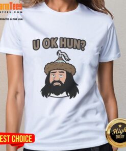 Cartoon face of Attila the Hun on a ladies tee, featuring the text 'Nice U Ok Hun' in vibrant colors.