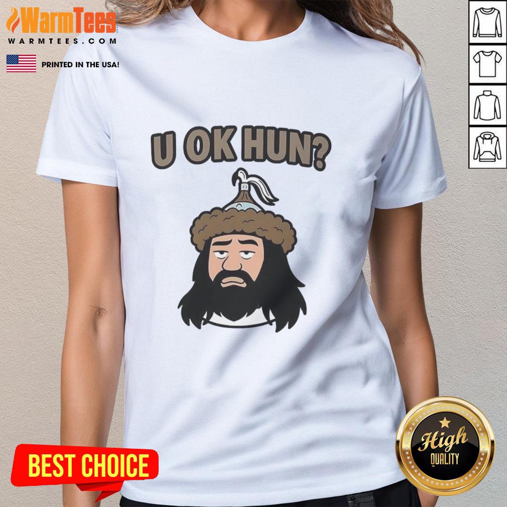 nice-u-ok-hun-attila-the-hun-face-cartoon-ladies-tee Cartoon face of Attila the Hun on a ladies tee, featuring the text 'Nice U Ok Hun' in vibrant colors.
