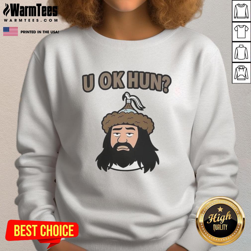 nice-u-ok-hun-attila-the-hun-face-cartoon-sweatshirt Cartoon face of Attila the Hun on a sweatshirt, featuring bold colors and a playful design for a trendy look.
