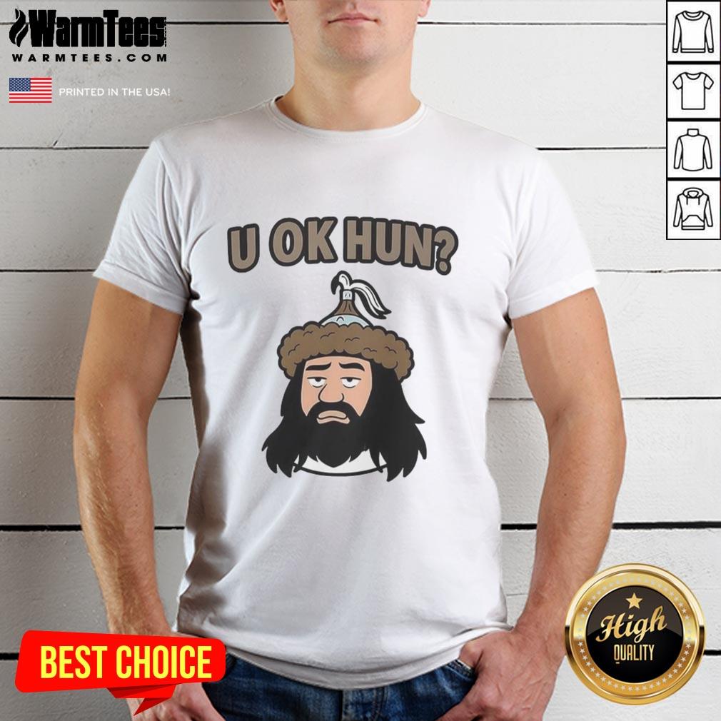 nice-u-ok-hun-attila-the-hun-face-cartoon-t-shirt-1 Cartoon T-shirt featuring Attila the Hun with the phrase 'Nice U Ok Hun,' perfect for history and humor lovers.