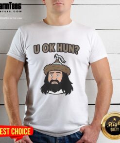 Cartoon T-shirt featuring Attila the Hun with the phrase 'Nice U Ok Hun,' perfect for history and humor lovers.