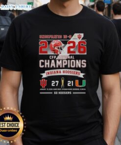 2026 CFP National Champions T-shirt featuring Indiana Hoosiers vs Miami Hurricanes at Hard Rock Stadium, 16-0 season.
