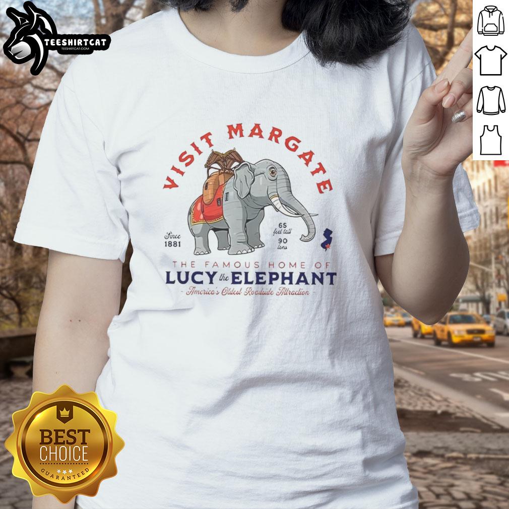 nice-visit-margate-the-famous-home-of-lucy-the-elephant-americas-oldest-roadside-attraction-ladies-tee Ladies' tee featuring Lucy the Elephant, America's oldest roadside attraction in Margate, perfect for a nice visit.