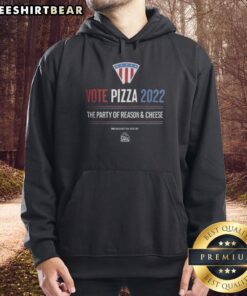 Alt Text: Nice Vote Pizza 2022 hoodie featuring the Party of Reason and Cheese logo on a vibrant flag design.