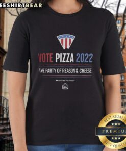 Alt Text: Nice Vote Pizza 2022 logo flag on a ladies tee, promoting The Party of Reason and Cheese with vibrant colors.