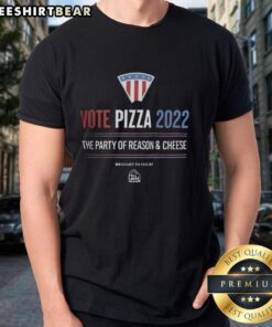 Alt Text: Nice Vote Pizza 2022 logo flag T-shirt featuring 'The Party Of Reason And Cheese' design with vibrant colors.