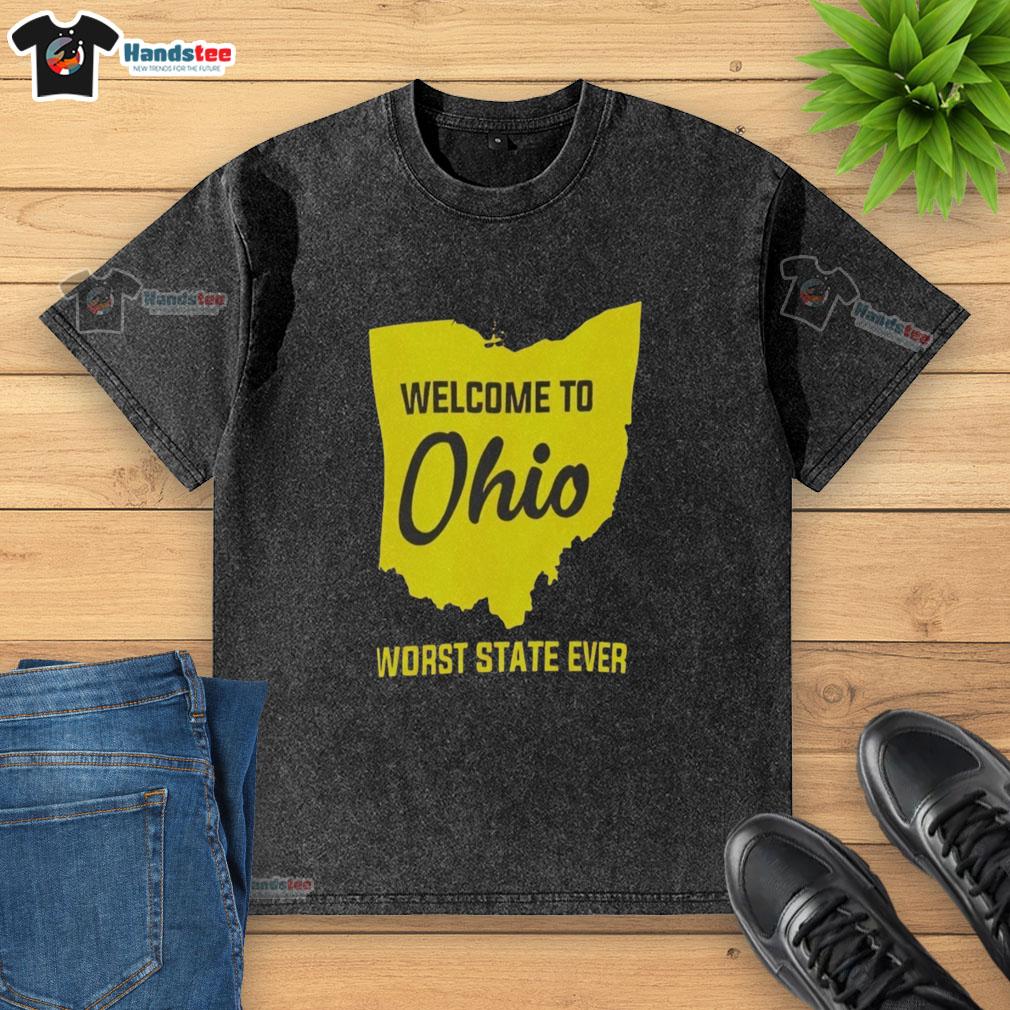 nice-welcome-to-ohio-worst-state-ever-washed-t-shirt Funny 'Welcome to Ohio' t-shirt design with 'Worst State Ever' slogan, showcasing Ohio pride and humor in apparel.