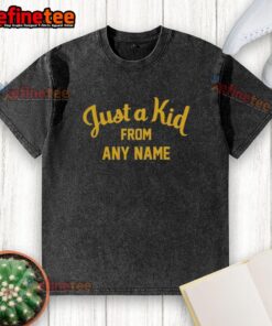 Nice West Virginia Football 'Just A Kid From Any Name' washed t-shirt displayed on a hanger, perfect for fans and casual wear.