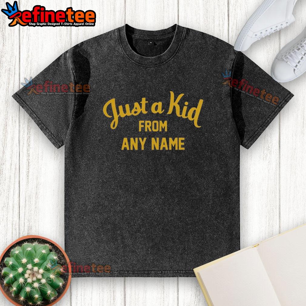 nice-west-virginia-football-just-a-kid-from-any-name-washed-t-shirt Nice West Virginia Football 'Just A Kid From Any Name' washed t-shirt displayed on a hanger, perfect for fans and casual wear.