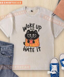 Nice Woke Up And Hate It washed t-shirt displayed on a wooden background, perfect for casual and humorous fashion.