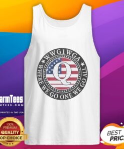 Alt Text: Qanon flag emblem tank top featuring 'Where We Go One We Go All' slogan, perfect for supporters of the movement.