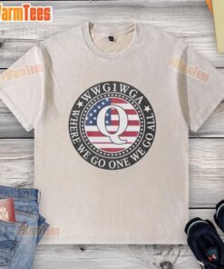 Nice Wwg1 Wga Qanon flag emblem washed t-shirt featuring bold design and vibrant colors for fans of the movement.
