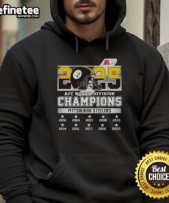 Alt Text: Official 2025 AFC North Division Champions Pittsburgh Steelers hoodie featuring team logo and championship design.