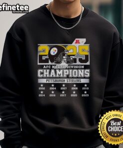 Alt Text: Official 2025 AFC North Division Champions Pittsburgh Steelers sweatshirt featuring team logo and championship design.