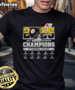 Official 2025 AFC North Division Champions Pittsburgh Steelers T-Shirt featuring bold team logo and championship graphics.