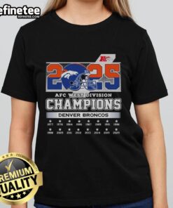 Official 2025 AFC West Division Champions Denver Broncos ladies tee in vibrant team colors, perfect for female fans.