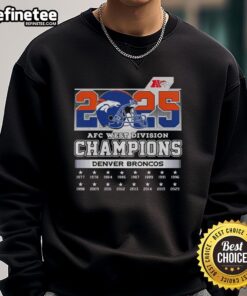 Alt Text: Official 2025 AFC West Division Champions Denver Broncos sweatshirt in navy blue with team logo and championship details.