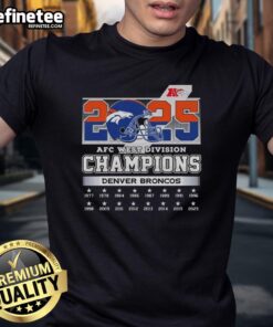 Official 2025 AFC West Division Champions Denver Broncos T-Shirt featuring team colors and logo, perfect for fans.