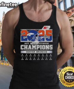 Official 2025 AFC West Division Champions Denver Broncos tank top featuring team logo and vibrant colors.