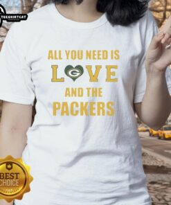 Alt Text: Official All You Need Is Love and The Green Bay Packers Ladies Tee featuring stylish design for female fans.