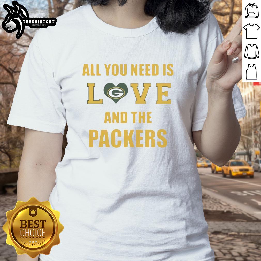 official-all-you-need-is-love-and-the-green-bay-packers-ladies-tee Alt Text: Official All You Need Is Love and The Green Bay Packers Ladies Tee featuring stylish design for female fans.