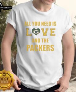 Alt Text: Official All You Need Is Love And The Green Bay Packers T-Shirt featuring team colors and logo, perfect for fans.