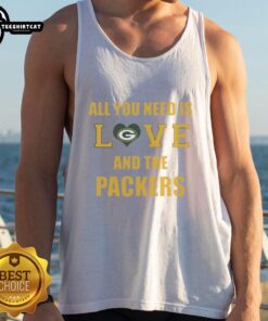 Official All You Need Is Love and the Green Bay Packers tank top featuring team colors and logo, perfect for fans.