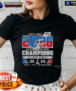 Alt Text: Official Allstate Sugar Bowl Ole Miss Rebels Hotty Toddy football helmet on a ladies tee at Caesars Superdome.