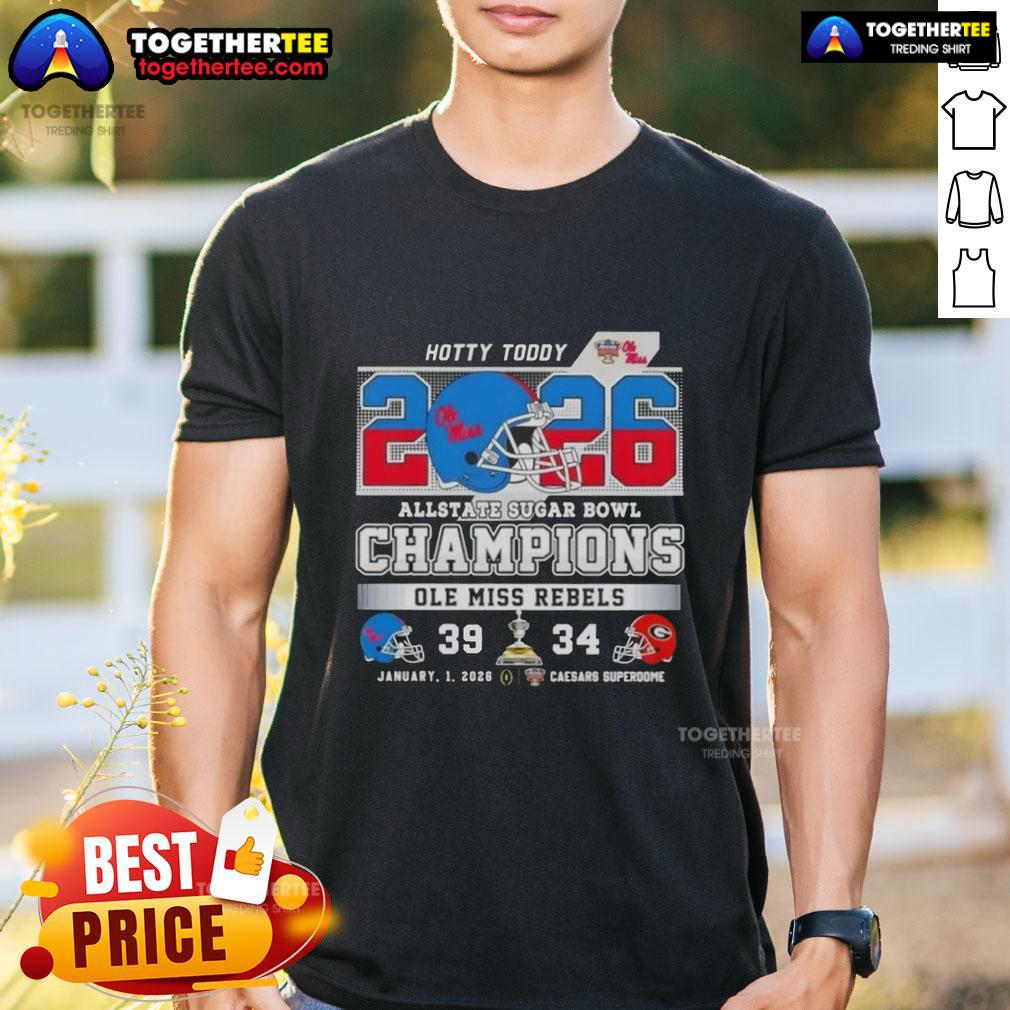 Official Allstate Sugar Bowl Ole Miss Rebels Hotty Toddy Caesars Superdome Football Helmet T-Shirt Alt Text: Ole Miss Rebels Hotty Toddy T-Shirt featuring a football helmet, celebrating the Allstate Sugar Bowl at Caesars Superdome.