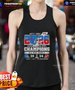 Alt Text: Official Allstate Sugar Bowl Ole Miss Rebels tank top featuring football helmet design at Caesars Superdome.
