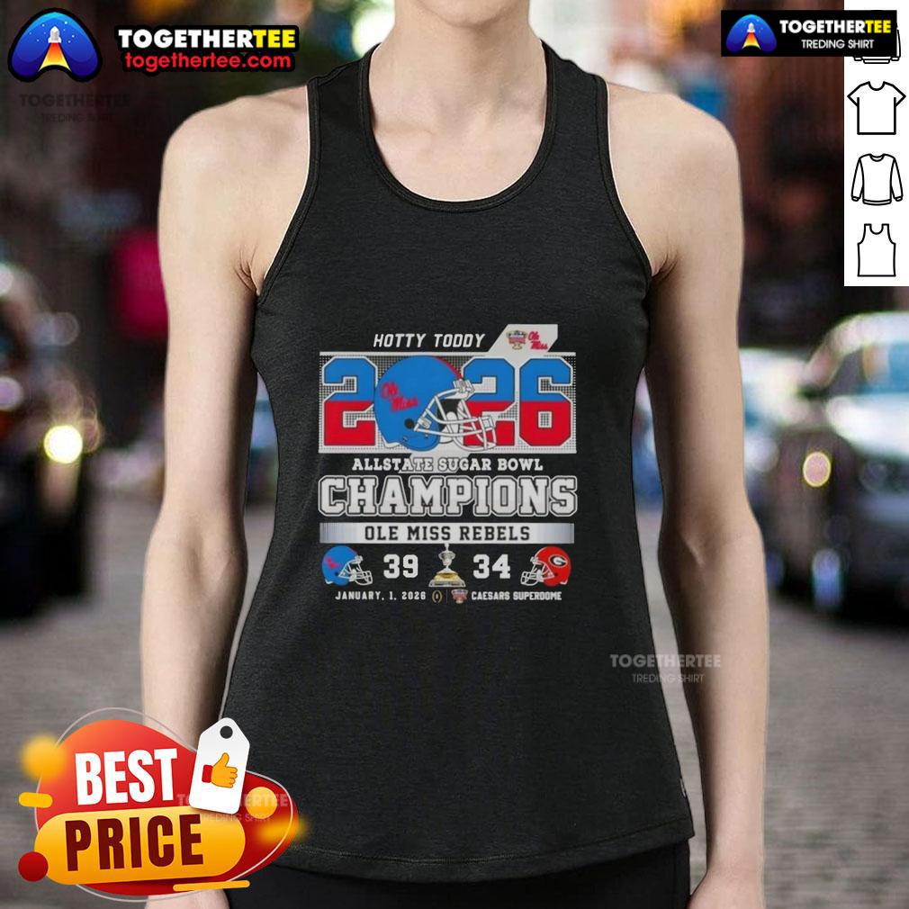 Official Allstate Sugar Bowl Ole Miss Rebels Hotty Toddy Caesars Superdome Football Helmet Tank Top Alt Text: Official Allstate Sugar Bowl Ole Miss Rebels tank top featuring football helmet design at Caesars Superdome.