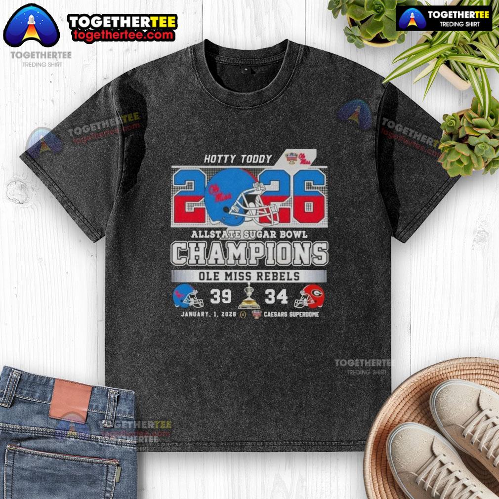 Official Allstate Sugar Bowl Ole Miss Rebels Hotty Toddy Caesars Superdome Football Helmet Washed T-Shirt Ole Miss Rebels football helmet and washed t-shirt at the Allstate Sugar Bowl in Caesars Superdome.