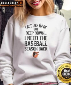 Official Baltimore Orioles I Act Like I'm OK But Deep Down Sweatshirt showcasing team spirit and comfort for fans.